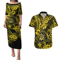 Hawaii Shaka Sign Couples Matching Puletasi Dress and Hawaiian Shirt Polynesian Pattern Yellow Version - Wonder Print Shop