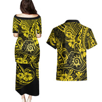 Hawaii Shaka Sign Couples Matching Puletasi Dress and Hawaiian Shirt Polynesian Pattern Yellow Version - Wonder Print Shop