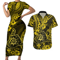 Hawaii Shaka Sign Couples Matching Short Sleeve Bodycon Dress and Hawaiian Shirt Polynesian Pattern Yellow Version - Wonder Print Shop