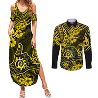 Hawaii Shaka Sign Couples Matching Summer Maxi Dress and Long Sleeve Button Shirts Polynesian Pattern Yellow Version - Wonder Print Shop