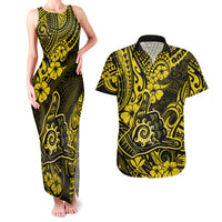 Hawaii Shaka Sign Couples Matching Tank Maxi Dress and Hawaiian Shirt Polynesian Pattern Yellow Version - Wonder Print Shop