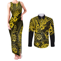 Hawaii Shaka Sign Couples Matching Tank Maxi Dress and Long Sleeve Button Shirts Polynesian Pattern Yellow Version - Wonder Print Shop