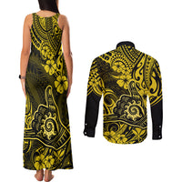 Hawaii Shaka Sign Couples Matching Tank Maxi Dress and Long Sleeve Button Shirts Polynesian Pattern Yellow Version - Wonder Print Shop