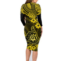 Hawaii Shaka Sign Family Matching Long Sleeve Bodycon Dress and Hawaiian Shirt Polynesian Pattern Yellow Version - Wonder Print Shop