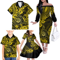 Hawaii Shaka Sign Family Matching Off Shoulder Long Sleeve Dress and Hawaiian Shirt Polynesian Pattern Yellow Version - Wonder Print Shop