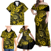 Hawaii Shaka Sign Family Matching Off Shoulder Maxi Dress and Hawaiian Shirt Polynesian Pattern Yellow Version - Wonder Print Shop
