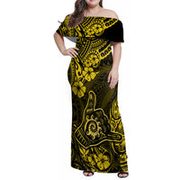 Hawaii Shaka Sign Family Matching Off Shoulder Maxi Dress and Hawaiian Shirt Polynesian Pattern Yellow Version - Wonder Print Shop