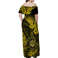 Hawaii Shaka Sign Family Matching Off Shoulder Maxi Dress and Hawaiian Shirt Polynesian Pattern Yellow Version - Wonder Print Shop