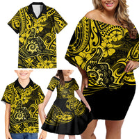 Hawaii Shaka Sign Family Matching Off Shoulder Short Dress and Hawaiian Shirt Polynesian Pattern Yellow Version - Wonder Print Shop