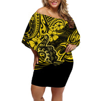 Hawaii Shaka Sign Family Matching Off Shoulder Short Dress and Hawaiian Shirt Polynesian Pattern Yellow Version - Wonder Print Shop