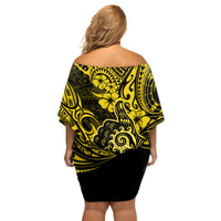 Hawaii Shaka Sign Family Matching Off Shoulder Short Dress and Hawaiian Shirt Polynesian Pattern Yellow Version - Wonder Print Shop