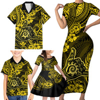 Hawaii Shaka Sign Family Matching Short Sleeve Bodycon Dress and Hawaiian Shirt Polynesian Pattern Yellow Version - Wonder Print Shop