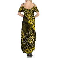 Hawaii Shaka Sign Family Matching Summer Maxi Dress and Hawaiian Shirt Polynesian Pattern Yellow Version - Wonder Print Shop