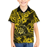 Hawaii Shaka Sign Family Matching Tank Maxi Dress and Hawaiian Shirt Polynesian Pattern Yellow Version - Wonder Print Shop