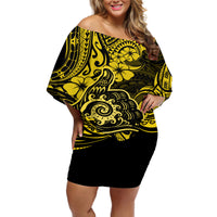 Hawaii Shaka Sign Off Shoulder Short Dress Polynesian Pattern Yellow Version - Wonder Print Shop