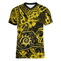 Hawaii Shaka Sign Women V Neck T Shirt Polynesian Pattern Yellow Version - Wonder Print Shop