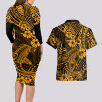 Hawaii Shark Couples Matching Long Sleeve Bodycon Dress and Hawaiian Shirt Polynesian Pattern Gold Version - Wonder Print Shop