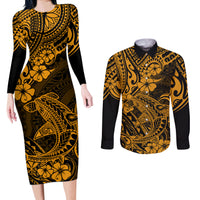 Hawaii Shark Couples Matching Long Sleeve Bodycon Dress and Long Sleeve Button Shirts Polynesian Pattern Gold Version - Wonder Print Shop