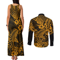 Hawaii Shark Couples Matching Tank Maxi Dress and Long Sleeve Button Shirts Polynesian Pattern Gold Version - Wonder Print Shop