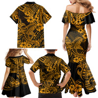 Hawaii Shark Family Matching Mermaid Dress and Hawaiian Shirt Polynesian Pattern Gold Version - Wonder Print Shop