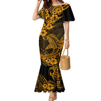 Hawaii Shark Family Matching Mermaid Dress and Hawaiian Shirt Polynesian Pattern Gold Version - Wonder Print Shop