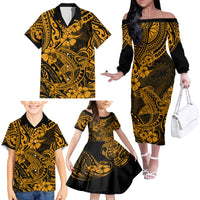 Hawaii Shark Family Matching Off Shoulder Long Sleeve Dress and Hawaiian Shirt Polynesian Pattern Gold Version - Wonder Print Shop