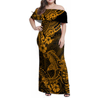 Hawaii Shark Family Matching Off Shoulder Maxi Dress and Hawaiian Shirt Polynesian Pattern Gold Version - Wonder Print Shop