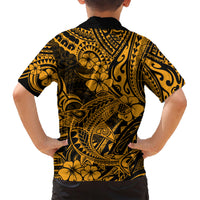 Hawaii Shark Family Matching Short Sleeve Bodycon Dress and Hawaiian Shirt Polynesian Pattern Gold Version - Wonder Print Shop