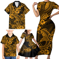 Hawaii Shark Family Matching Short Sleeve Bodycon Dress and Hawaiian Shirt Polynesian Pattern Gold Version - Wonder Print Shop