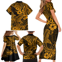 Hawaii Shark Family Matching Short Sleeve Bodycon Dress and Hawaiian Shirt Polynesian Pattern Gold Version - Wonder Print Shop