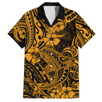 Black and gold Hawaiian shirt, open collar, short sleeves, shark floral print
