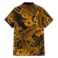 Black and gold Hawaiian shirt back, short sleeves, bold shark floral pattern