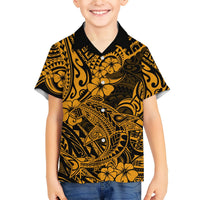 Kids black and gold Hawaiian shirt, front view, open collar, shark floral print