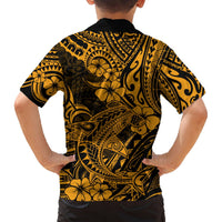 Kids black and gold Hawaiian shirt, back view, short sleeves, shark floral print
