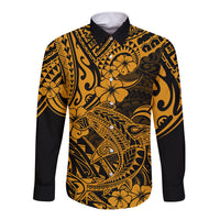 Hawaii Shark Long Sleeve Button Shirt Polynesian Pattern Gold Version - Wonder Print Shop