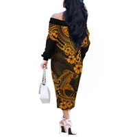 Hawaii Shark Off The Shoulder Long Sleeve Dress Polynesian Pattern Gold Version - Wonder Print Shop