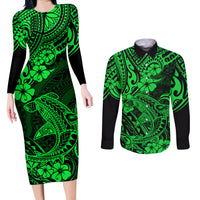 Hawaii Shark Couples Matching Long Sleeve Bodycon Dress and Long Sleeve Button Shirts Polynesian Pattern Green Version - Wonder Print Shop