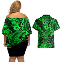 Hawaii Shark Couples Matching Off Shoulder Short Dress and Hawaiian Shirt Polynesian Pattern Green Version - Wonder Print Shop