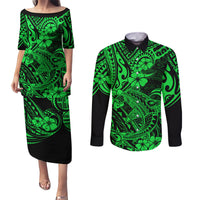 Hawaii Shark Couples Matching Puletasi Dress and Long Sleeve Button Shirts Polynesian Pattern Green Version - Wonder Print Shop