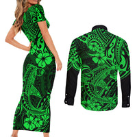 Hawaii Shark Couples Matching Short Sleeve Bodycon Dress and Long Sleeve Button Shirts Polynesian Pattern Green Version - Wonder Print Shop