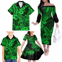 Hawaii Shark Family Matching Off Shoulder Long Sleeve Dress and Hawaiian Shirt Polynesian Pattern Green Version - Wonder Print Shop