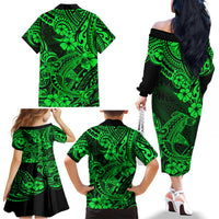 Hawaii Shark Family Matching Off Shoulder Long Sleeve Dress and Hawaiian Shirt Polynesian Pattern Green Version - Wonder Print Shop