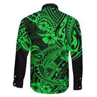 Hawaii Shark Family Matching Off Shoulder Long Sleeve Dress and Hawaiian Shirt Polynesian Pattern Green Version - Wonder Print Shop