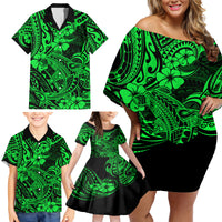 Hawaii Shark Family Matching Off Shoulder Short Dress and Hawaiian Shirt Polynesian Pattern Green Version - Wonder Print Shop