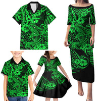 Hawaii Shark Family Matching Puletasi Dress and Hawaiian Shirt Polynesian Pattern Green Version - Wonder Print Shop