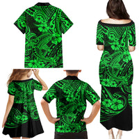 Hawaii Shark Family Matching Puletasi Dress and Hawaiian Shirt Polynesian Pattern Green Version - Wonder Print Shop