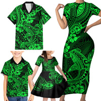 Hawaii Shark Family Matching Short Sleeve Bodycon Dress and Hawaiian Shirt Polynesian Pattern Green Version - Wonder Print Shop