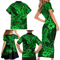 Hawaii Shark Family Matching Short Sleeve Bodycon Dress and Hawaiian Shirt Polynesian Pattern Green Version - Wonder Print Shop