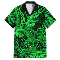 Hawaii Shark Family Matching Short Sleeve Bodycon Dress and Hawaiian Shirt Polynesian Pattern Green Version - Wonder Print Shop