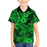 Hawaii Shark Family Matching Short Sleeve Bodycon Dress and Hawaiian Shirt Polynesian Pattern Green Version - Wonder Print Shop